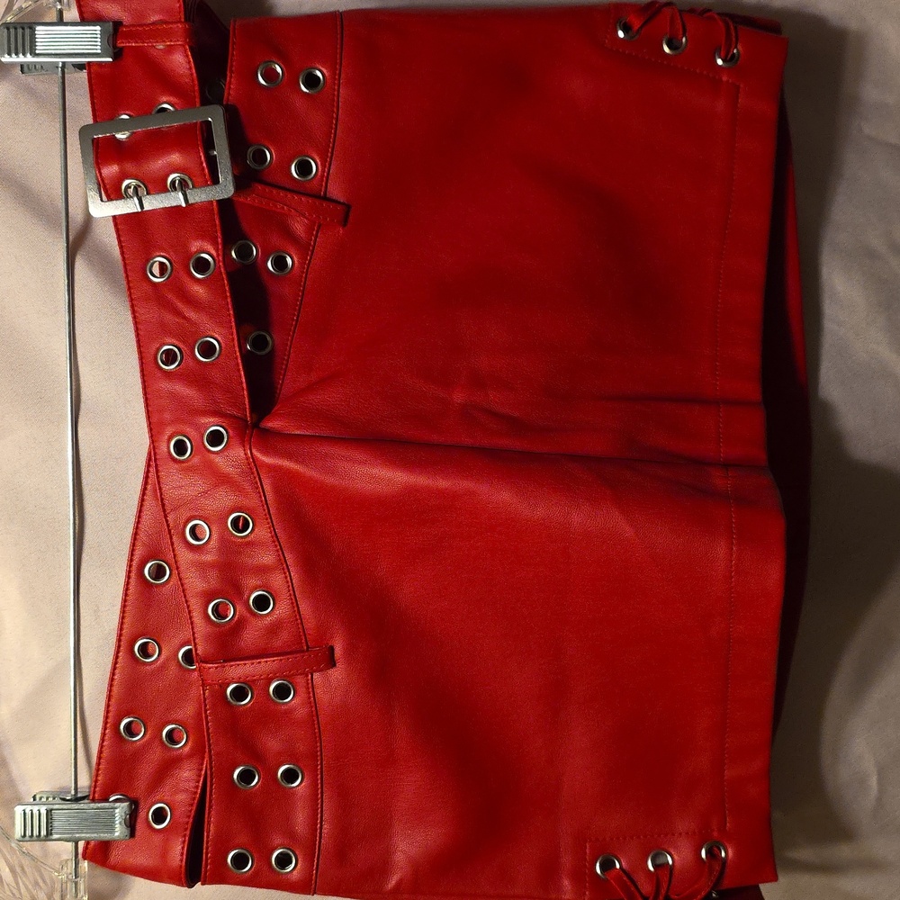 Fashion Nova Vibrant Red Pleather Mini Shirt w Silver Accents Womens Size XS